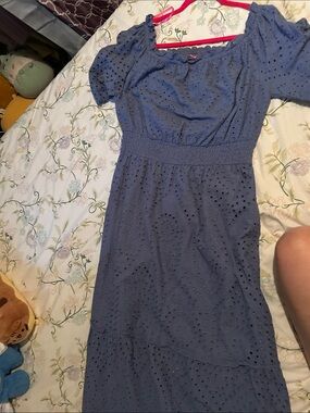 Betsey Johnson Blue Eyelet Off-Shoulder Midi Dress